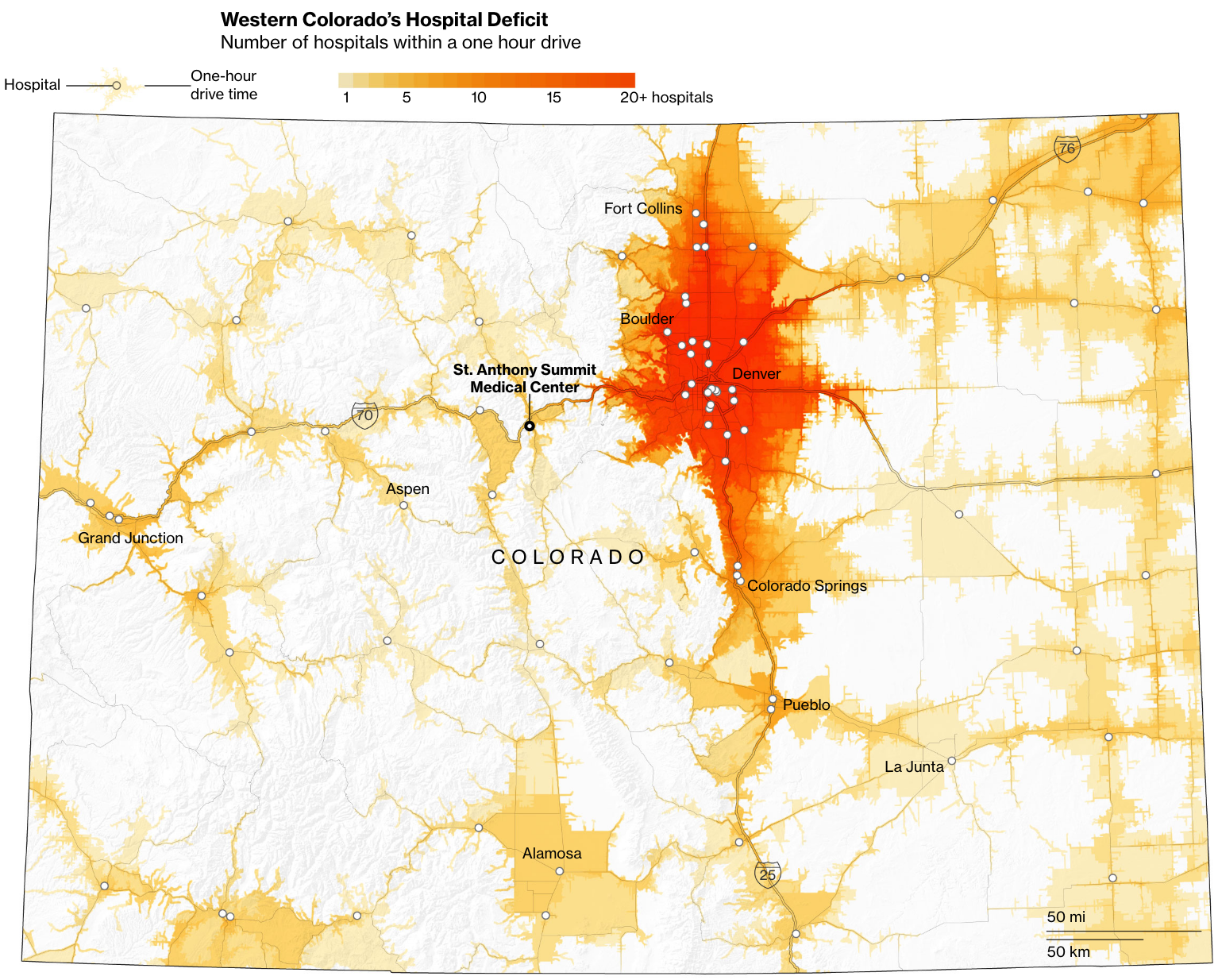 Map of Colorado showing number of hospitals in one hour driving time