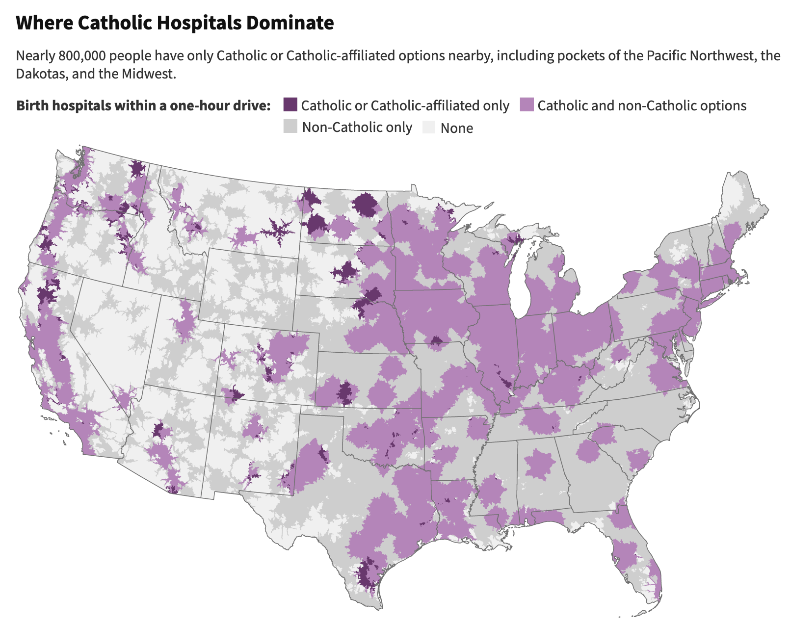 US map with title: Where Catholic Hospitals Dominate. Subtitle: Where Catholic Hospitals Dominate. The map shows that most of the midwest, northeast, west coast, and parts of the south have Catholic hospitals nearby.
