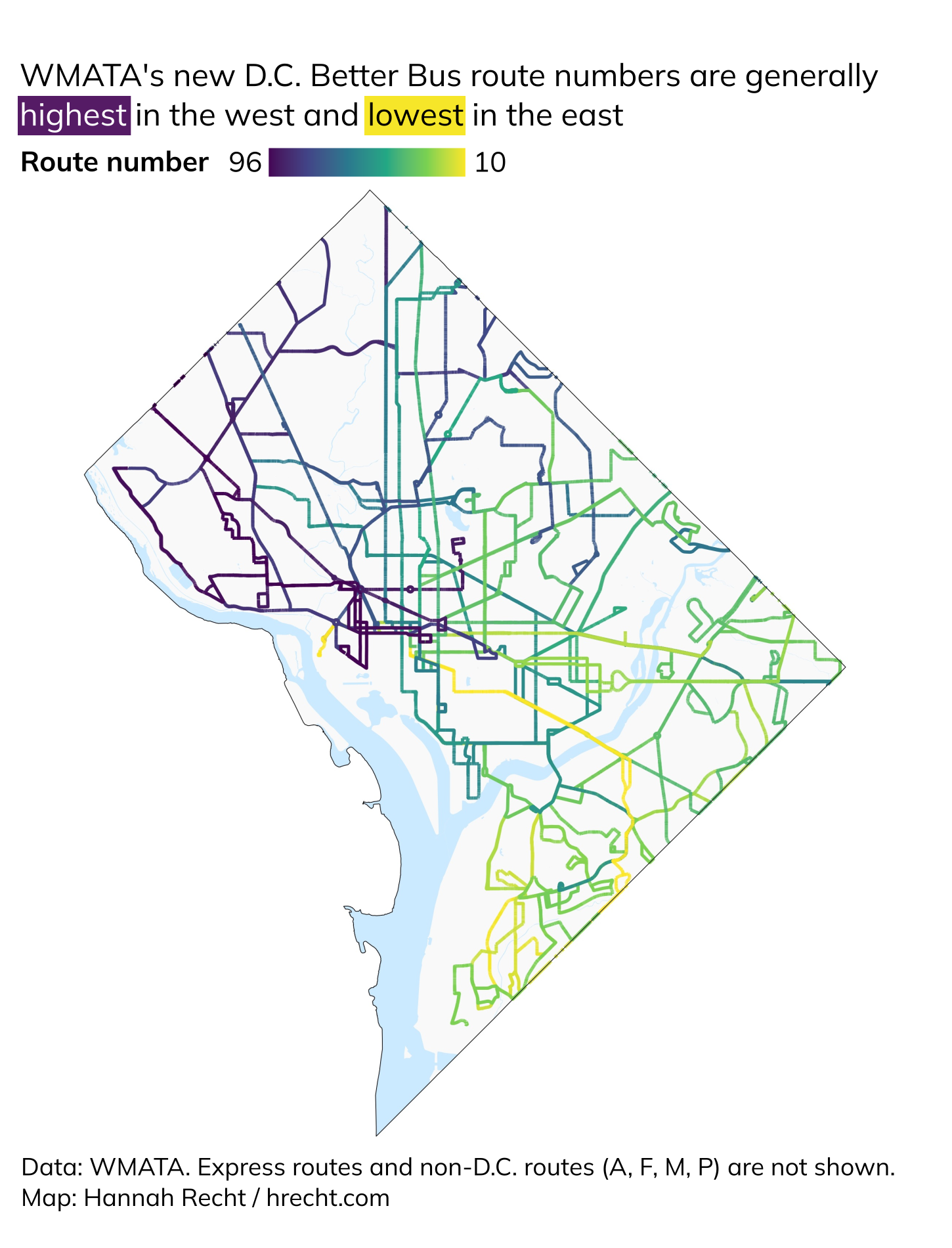 Map of bus routes in DC showing that the routes are generally numbered from highest in the west to lowest numbers in the east.