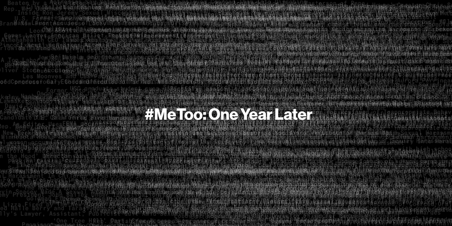 Overlapping headlines from hundreds of me too stories with the title '#MeToo: One Year Later' in the center