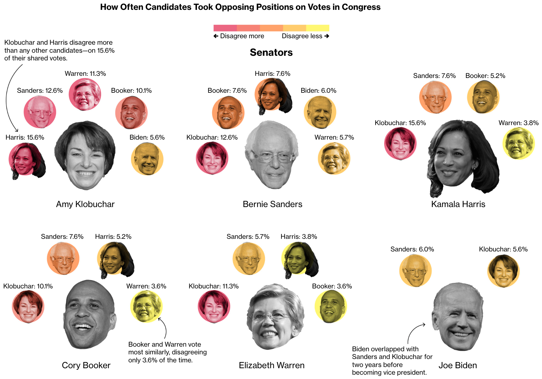 Democratic presidential candidate faces on background of colorful red, orange and yellow circles