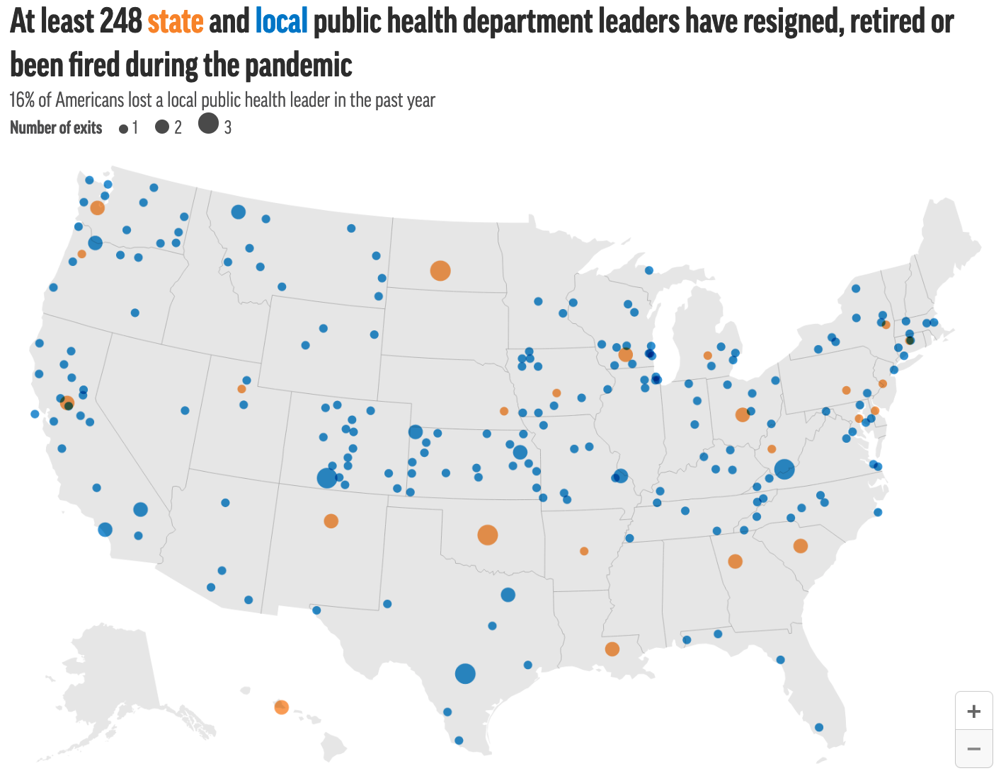 US map showing locations of public health department leaders who exited their jobs during the first year of the pandemic